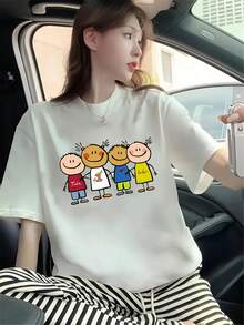 Camiseta de Manga Corta para Mujer - Diseño Holgado con Estampado de Dibujos Animados #3333 - Blanco - Ver 9