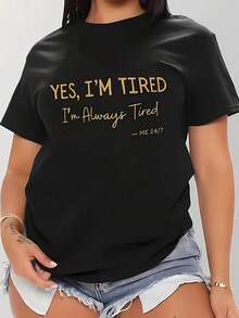 Women's Black Short-Sleeved T-Shirt With A Funny Slogan Print, Round Neck, Casual Cotton T-Shirt, Medium Stretch Knit Fabric, Regular Fit For Ladies, For Spring/Summer/Autumn, Mother's Day, Memorial Day, Independence Day, Leisure. - 黑色 - 查看 1