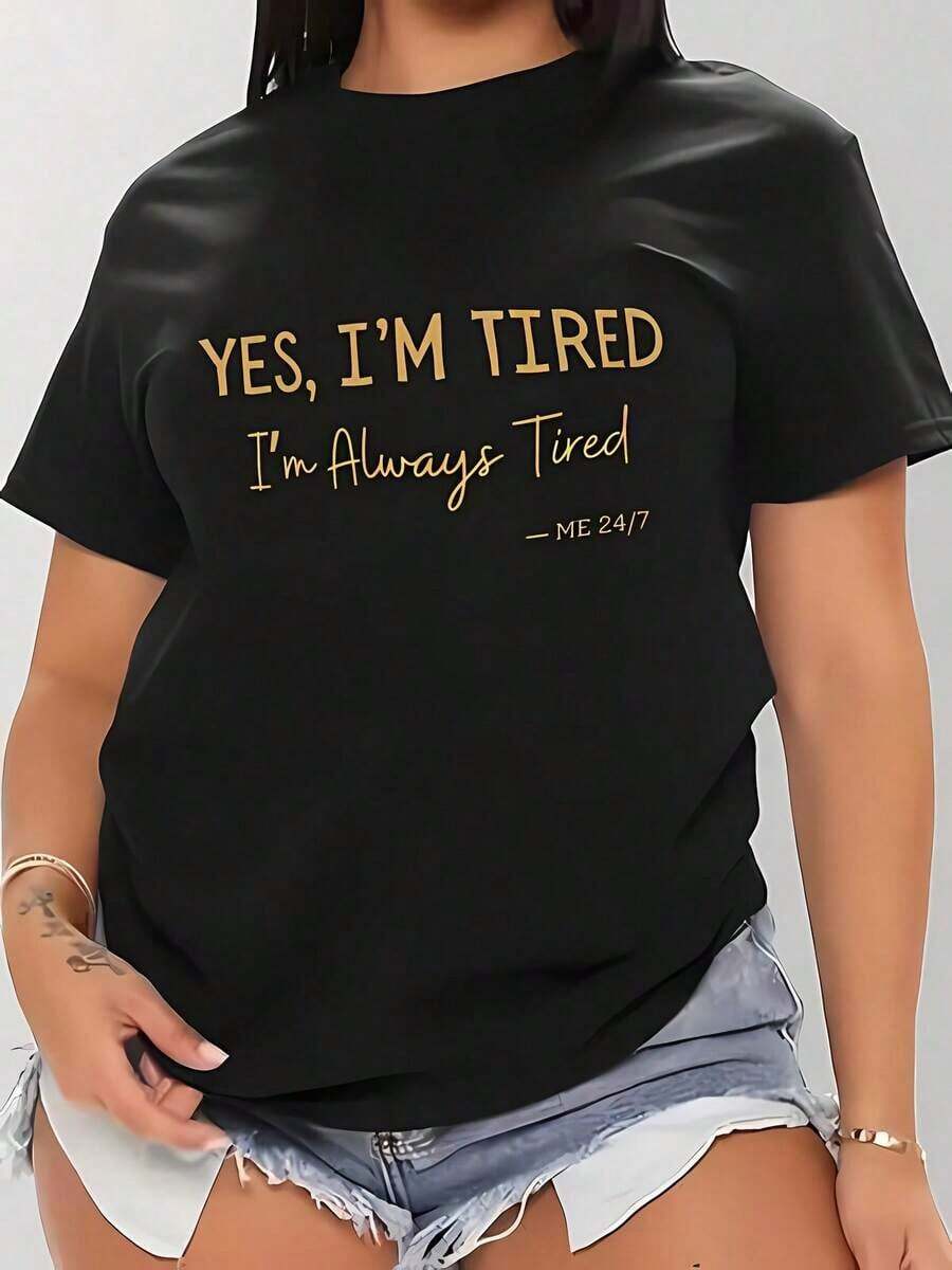 Women's Black Short-Sleeved T-Shirt With A Funny Slogan Print, Round Neck, Casual Cotton T-Shirt, Medium Stretch Knit Fabric, Regular Fit For Ladies, For Spring/Summer/Autumn, Mother's Day, Memorial Day, Independence Day, Leisure. - 黑色 - 查看 1