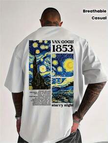 T-Shirt Featuring A Van Gogh Starry Night Design. Breathable, With An Iconic Artistic Print, Vincent's Signature And Year, Suitable For Casual And Outdoor Wear. The Back Print Is Inspired By A Museum Artwork, Making It Ideal For Parties, The Beach, Sports, And Outdoor Activities.| Casual Wear For All Seasons, Plus Size - 白色的 - 查看 1