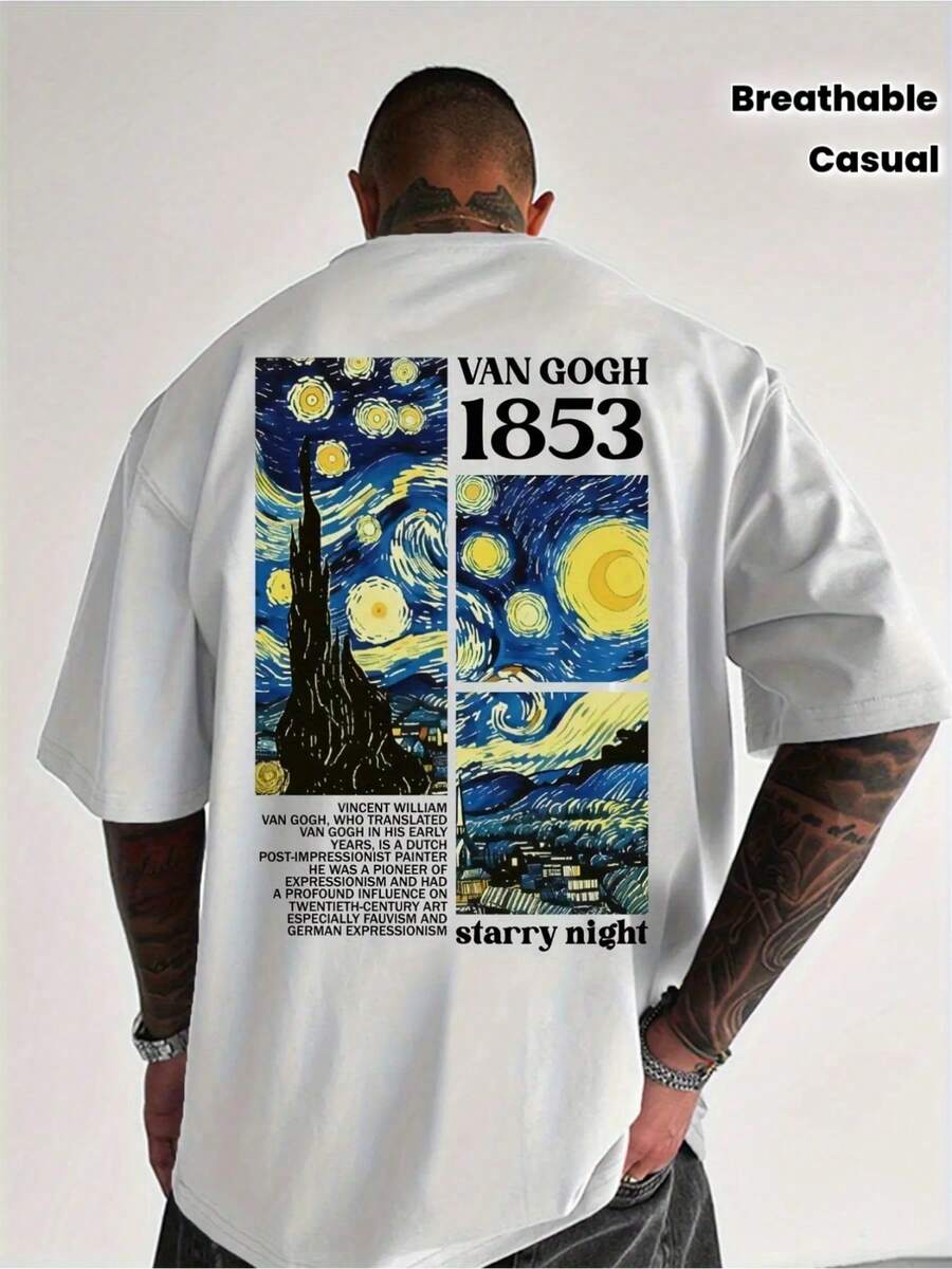 T-Shirt Featuring A Van Gogh Starry Night Design. Breathable, With An Iconic Artistic Print, Vincent's Signature And Year, Suitable For Casual And Outdoor Wear. The Back Print Is Inspired By A Museum Artwork, Making It Ideal For Parties, The Beach, Sports, And Outdoor Activities.| Casual Wear For All Seasons, Plus Size - 白色的 - 查看 1