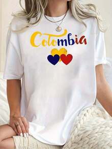 Camiseta Casual de Manga Corta FashionWo, con Texto en Español y Estampado de Corazones Coloridos |     Camiseta de Verano Transpirable de Cuello Redondo, Lavable a Máquina, Blanca, Adecuada - Blanco - Ver 6