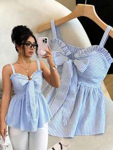 Top sin mangas casual para mujer, diseño de moda con tirantes de lazo, nudo de moño, a rayas azul y blanco, cintura ceñida, sexy y favorecedor, versátil para uso diario y citas, verano - Azul y blanco - Ver 3