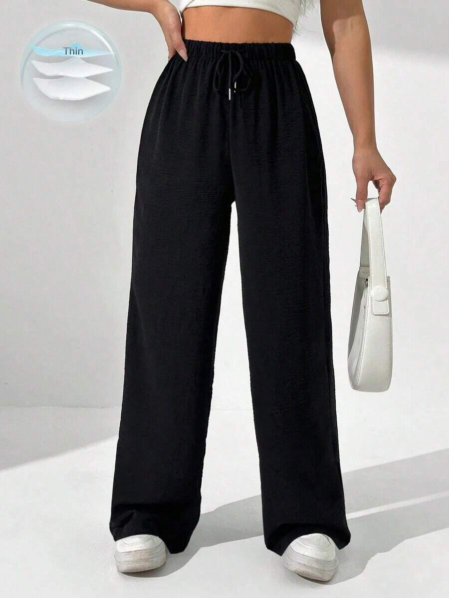 Pantalones rectos de lino cómodos y versátiles para uso casual y de oficina, para primavera/verano - Negro - Ver 1