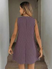 Vestido casual de mujer de línea A sin mangas a rayas con bolsillos acolchados, conjunto elegante de vacaciones, estilo retro lujoso - Multicolor 6 - Ver 2