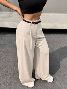 Pantalones anchos casuales y para ir al trabajo de mujer con cintura alta plisada y cinturón en beige - Beis - Ver 4