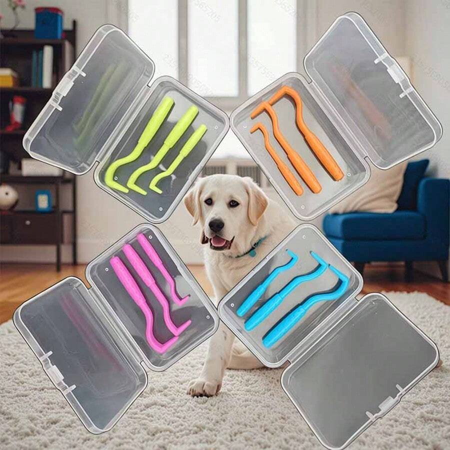 4pcs/Set (3pcs Tools + 1pc Box) Tick Remover Tool Kit | Provides Multiple Color Options | More Effective & Safer | Suitable For Dogs Tick Removal | Protect Your Pets | Applicable For Dogs, Cats, Horses And Humans | Tick Tweezer With Box | Tick Catcher - Multicolor - View 1