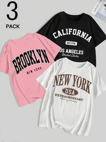 Plus Size Women's Short Sleeve Top With Round Neck And Solid Color Letter Print. - أبيض - مشاهدة 7
