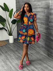 Vestido mini minimalista casual de mujer, adecuado para el verano, las vacaciones, estampado floral tropical, manga abullonada, corte evasé, estilo bohemio - Azul marino - Ver 6