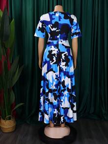 Vestido acampanado de manga corta, talla grande, elegante, con cordones, nuevo estilo 2026 para mujer - azul negro - Ver 2