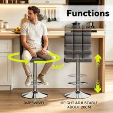 GartistGo Bar Stool Set Of 2 -Grey, 360° Swivel, Upholstered, Height Adjustable  Bar Stool - Gris - Ver 6