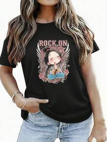 Women's T-Shirts, Women's Summer Clothes, Women's Fashion Clothes, Birthday Parties, Holiday Themes, Daily Commuting, Leisure, Female Character Wings - 黑色 - 查看 6