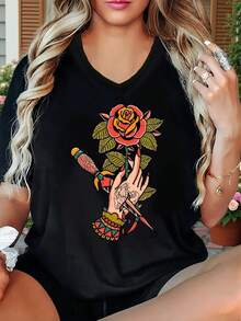Talla Grande - Talla Grande - Camiseta Nueva 2025 con Cuello en V y Diseño Estampado Versátil, Mangas Cortas, Hecha de Tela Microelástica Lax, Estampado Moderno Estilo INS - Negro - Ver 2
