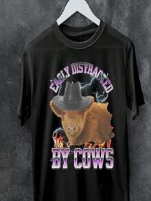 Unique Easily Distracted By Cows Shirt,Highland Cow Tee, Cow Tshirt,Farm Animal Shirt,Meme T-Shirt,Farm Love Shirts,Humorous Saying,Gift. - Black - View 1