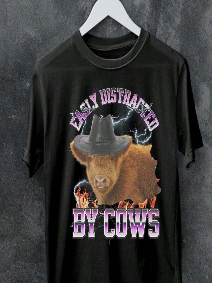 Unique Easily Distracted By Cows Shirt,Highland Cow Tee, Cow Tshirt,Farm Animal Shirt,Meme T-Shirt,Farm Love Shirts,Humorous Saying,Gift. - Black - View 1