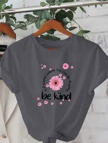 Plus Sizes - The Kind Little Daisy, Everyday Outfits, Comfortable And Casual Short Sleeve T-Shirts, Stylish Printed Crew Neck T-Shirts, Plus Size Women's Clothing, Women's Apparel - 深灰色 - 查看 6