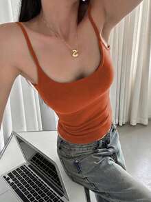 VIVINA 女款純色舒適細肩帶背心，藍色極簡百搭性感 Y2K 熱辣女孩內搭層，修身休閒柔軟天鵝絨內著，秋冬日常居家、約會、通勤疊穿背心，秋冬舒適抓絨上衣 - 橘色 - 查看 4