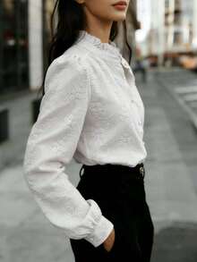 Camisa de manga larga para mujer de color sólido con cuello bordado floral, adecuada para ir al trabajo, uso casual, moda, negocios y oficina, camisa blanca para todas las estaciones. - Rosa - Ver 10