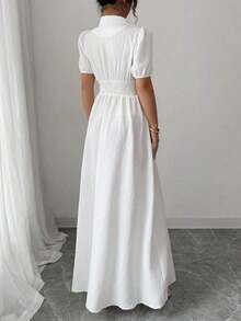 Vestido elegante de mujer de unicolor con cuello de solapa y mangas abullonadas - Beis - Ver 2