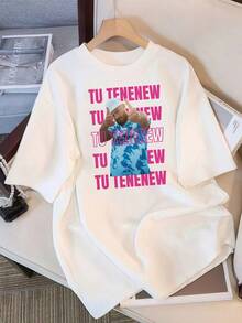 2026 T-Shirt - Jul Tenenew - Retro K-Pop Idol Bootleg Style Oversized T-Shirt In Fuchsia, Vintage Graphic Print T-Shirt, Casual Short-Sleeved Top, K-Pop Fan Merchandise, Black Streetwear T-Shirt For Fans, Vintage K-Pop Star Graphic Print T-Shirt, Oversized Short-Sleeved T-Shirt With Retro Letter Print, Casual Black Crew Neck Top, Gift For Streetwear Style Idol Fans, Comfortable Loose-Fit Cotton Blend T-Shirt For Women And Men. - White - View 1
