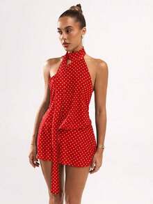 Vestido de tirantes mini con espalda descubierta y estampado de lunares elegante para mujer - Rojo - Ver 5