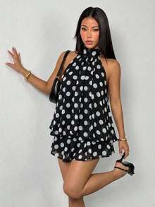 Vestido mini elegante de mujer de color amarillo claro con cuello halter y lazo, adecuado para fiestas, citas, otoño/invierno, primavera/verano - Negro 2 - Ver 7