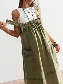 BohoFeels Vestido casual de media longitud de unicolor y tejido holgado para mujeres - Verde militar - Ver 4