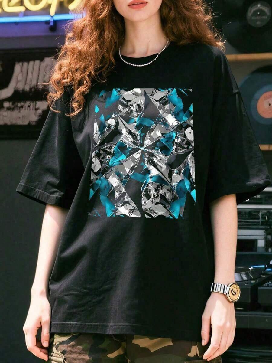 1 Piece Short Sleeve Knit T-Shirt With Round Neck, Modern Abstract Art Design In Blue Peak Relief And White, Loose Fit, 100% Cotton, 180g. - Black - View 1