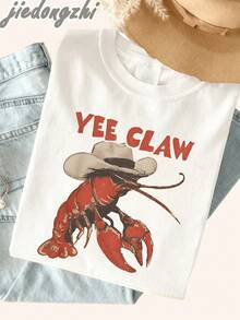 1 Piece Of Women's Cowboy Style Crayfish Print Oversized T-Shirt, Y2K Inspired Summer Clothing, Graphic Tees For Everyday Wear, Women's Western Style Holiday Outfits, 180g 100% Cotton. - 白色 - 查看 3