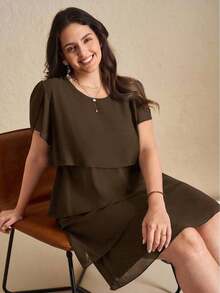Reflora Vestido de moda con cuello redondo, mangas con volantes y estampado floral para mujer de talla grande - Marrón - Ver 7