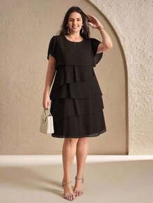 Reflora Vestido de moda con cuello redondo, mangas con volantes y estampado floral para mujer de talla grande - Café integral - Ver 6