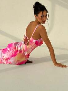 Vacation Spaghetti Strap Tie-Up Bodycon Printed Dress For Women, Spring/Summer,Pink Dress - Pink 3 - View 5