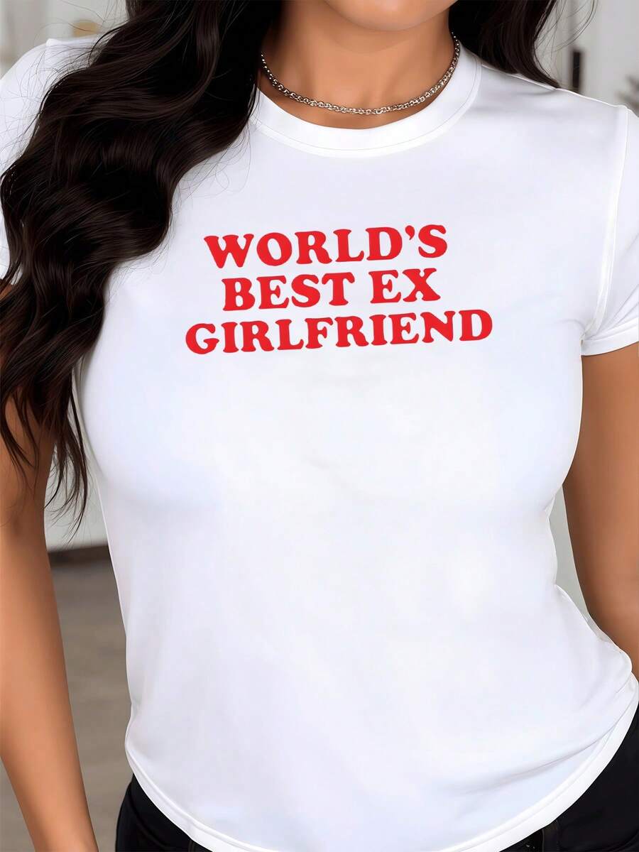 Frase divertida en letras rojas que celebra con humor la confianza de una exnovia considerada la mejor del mundo reflejando actitud positiva y estilo moderno camiseta de mujer casual diaria - Blanco - Ver 1