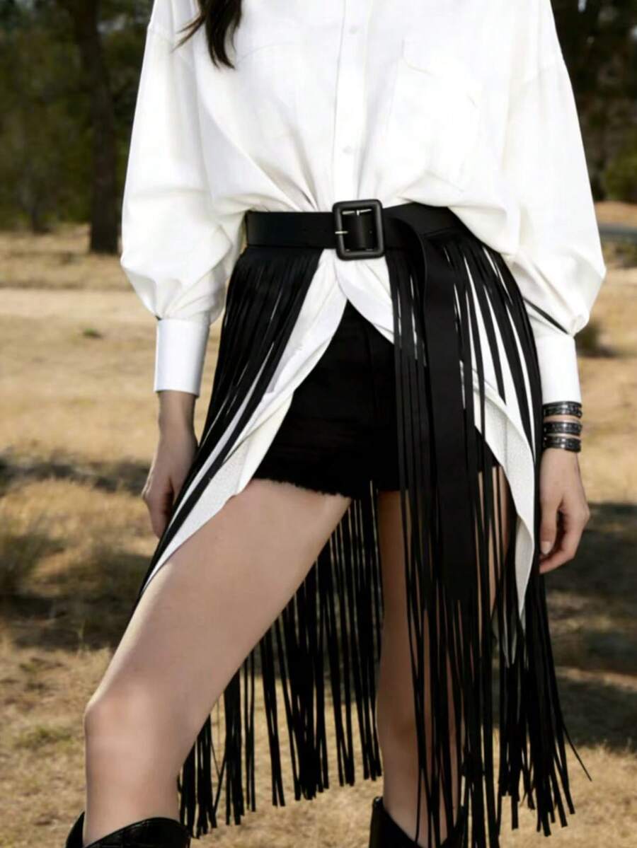 เข็มขัดคาดเอวพู่ยาว Gothic Rebel - เข็มขัดกระโปรงพู่หนัง PU สีดำ Y2K ...