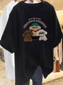 Women's Pure White Short Sleeve T-Shirt, New Summer Style, Soft, Sweet, Loose Fit, Casual, Round Neck, Half Sleeves - 黑色 - 查看 1