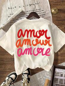 Camiseta de manga corta con cuello redondo y estampado de leopardo "More Love" para mujer, informal, negra, para verano, otoño/inicio de clases. - Desnudo 2 - Ver 2