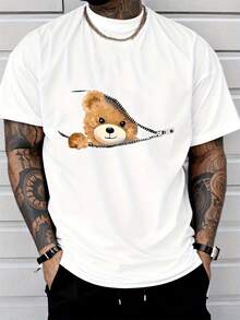 Camiseta unisex de manga corta, para hombre Informal De moda Tripulación Cuello T - Camisa con Dibujos animados Teddy Oso Cremallera Patrón Hombres Moda Adultos Hombres Calle Estilo Informal Wearplayeras hombre, , ,  mujer,romwe hombres, boho chic,maestras regalos,camiseta para conjuntos de mujer con curvas para mu,y2k, - Blanco - Ver 1