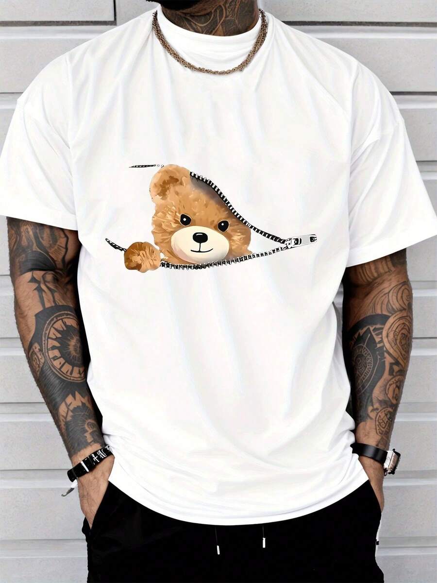 Camiseta unisex de manga corta, para hombre Informal De moda Tripulación Cuello T - Camisa con Dibujos animados Teddy Oso Cremallera Patrón Hombres Moda Adultos Hombres Calle Estilo Informal Wearplayeras hombre, , ,  mujer,romwe hombres, boho chic,maestras regalos,camiseta para conjuntos de mujer con curvas para mu,y2k, - Blanco - Ver 1