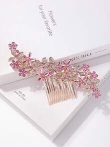1pc Luxury Rhinestone Flower Hairpin Hair Accessory For Women, Headpiece, Haircomb, Side Comb - Pink - View 2