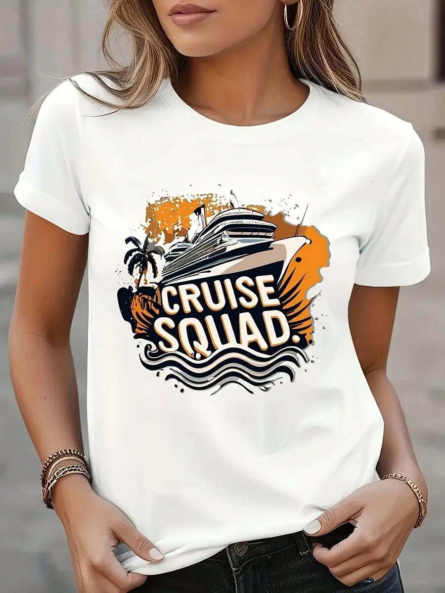 Cruise Ship And Cruise Squadron Letter T-Shirt - Nautical Holiday Theme Short Sleeve With Palm Tree And Wave Print, Stretch/Spandex, H-Line Suitable For Cruise Parties, Beachwear And Casual Wear (White/Yellow) - 白色 - 查看 1
