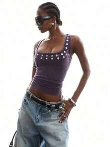 2026 Nueva Llegada, Top Minimalista Sin Mangas y Sin Espalda, Adecuado para Primavera/Verano, Estilo Hip-Hop, 100% Algodón, Top Personalizado Ajustado para Mujer, Chaleco de Algodón, Top con Botones Estilo Old Money, Tops Sexys para Damas, Top de Verano - Morado - Ver 5