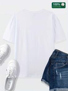100% Cotton Retro Style T-Shirt, With Celebrity Graffiti, Hip-Hop, Punk, Urban Fashion, Harajuku Style, Suitable For Home, Casual Use, Elegant, Versatile, For Going To Work, Sports, Universal, Comfortable, Made Of Durable Pure Cotton, For Everyday Casual Use. - 白色 - 查看 3
