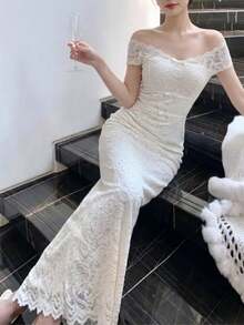 優雅時尚正式晚宴蕾絲中長洋裝 女款復古派對生日婚禮禮服 - 杏色 - 查看 2