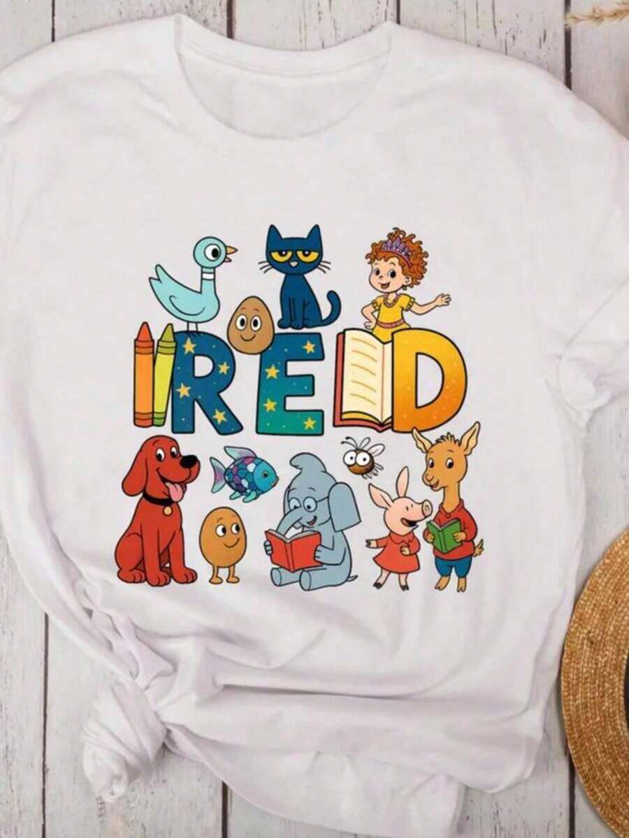 1 Piece Teacher T-Shirt With Book Print For Kids Comfort Colots, Women's Oversized Graphic Tees, Book Lover T-Shirt, Elementary School Teacher T-Shirt, Kindergarten T-Shirt, Women's Summer T-Shirts And Blouses, Pure Cotton Short Sleeve Crew Neck T-Shirt, 180g 100% Cotton, All Designs Are Printed. Unisex. - 白色 013 - 查看 1