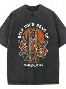 Camiseta de verano para hombre de 230 g, lavada y desgastada, con mangas cortas. Presenta un corte holgado de estilo retro americano. Estilo urbano para hombre. Adecuada para el campus y la calle. Camiseta estampada de manga corta para mujer, camiseta estampada desgastada para parejas, ropa de verano. - Negro - Ver 1