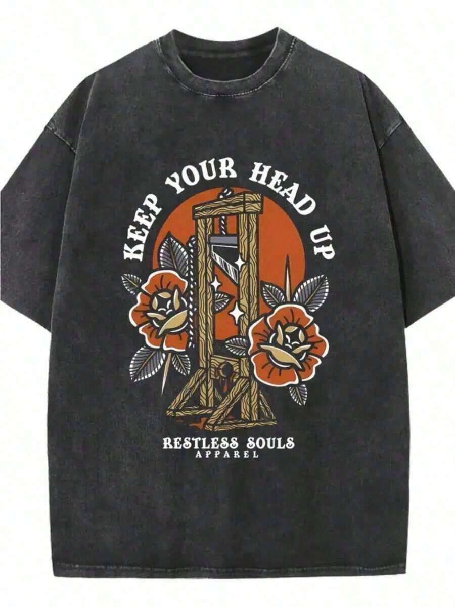 Camiseta de verano para hombre de 230 g, lavada y desgastada, con mangas cortas. Presenta un corte holgado de estilo retro americano. Estilo urbano para hombre. Adecuada para el campus y la calle. Camiseta estampada de manga corta para mujer, camiseta estampada desgastada para parejas, ropa de verano. - Negro - Ver 1