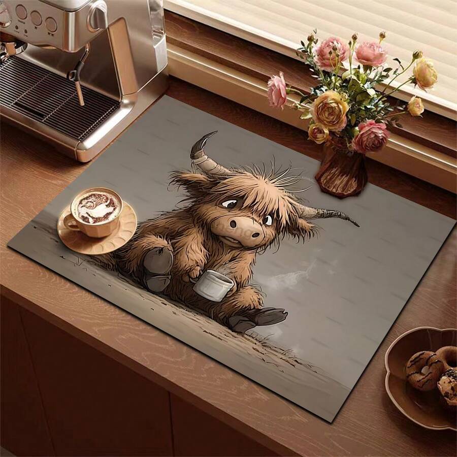 1pc Highland Cow Drinking Coffee Pattern Printed Coffee Bar Mat, Stove Mat, Drainage Mat, Silicone Drainage Mat For Coffee Machine, Rubber Drainage Mat, Super Absorbent And Wear-Resistant Dish Drying Mat, For Countertop, Restaurant, Kitchen, Patio Table Decor, Household Kitchen Supplies, Countertop Decorative Mat