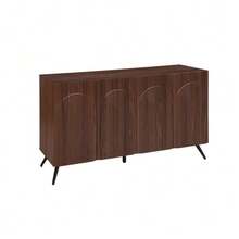 Sideboard In Mid-Century Design, Hallway Cabinet In Walnut Wood Look With 3D Grooves & Arched Doors, Engineered Wood, Adjustable Shelves, Gold-Colored Metal Feet - 棕色 - 查看 9