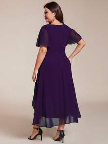 EVERPRETTY Elegant Plus Size Chiffon V-Neck Pleated Bridesmaid Dress With Soft Asymmetrical Ruffle Hem, Suitable For Wedding And Formal Occasions - Purple - View 4