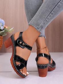 Summer Open Toe Sandals, Vintage PU Leather Rivet Embellished Chunky High Heel Bare Strap Design, Party Wear For Spring & Summer - Black - View 5